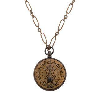 Vintage Style Gold Tone Brass Sundial Necklace 30"
